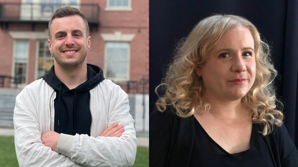 Headshot of Andrew Heald in a white jacket and black shirt in front of a campus building; Headshot of Kerry Sabbag (right) in a black shirt in front of a dark portrait background