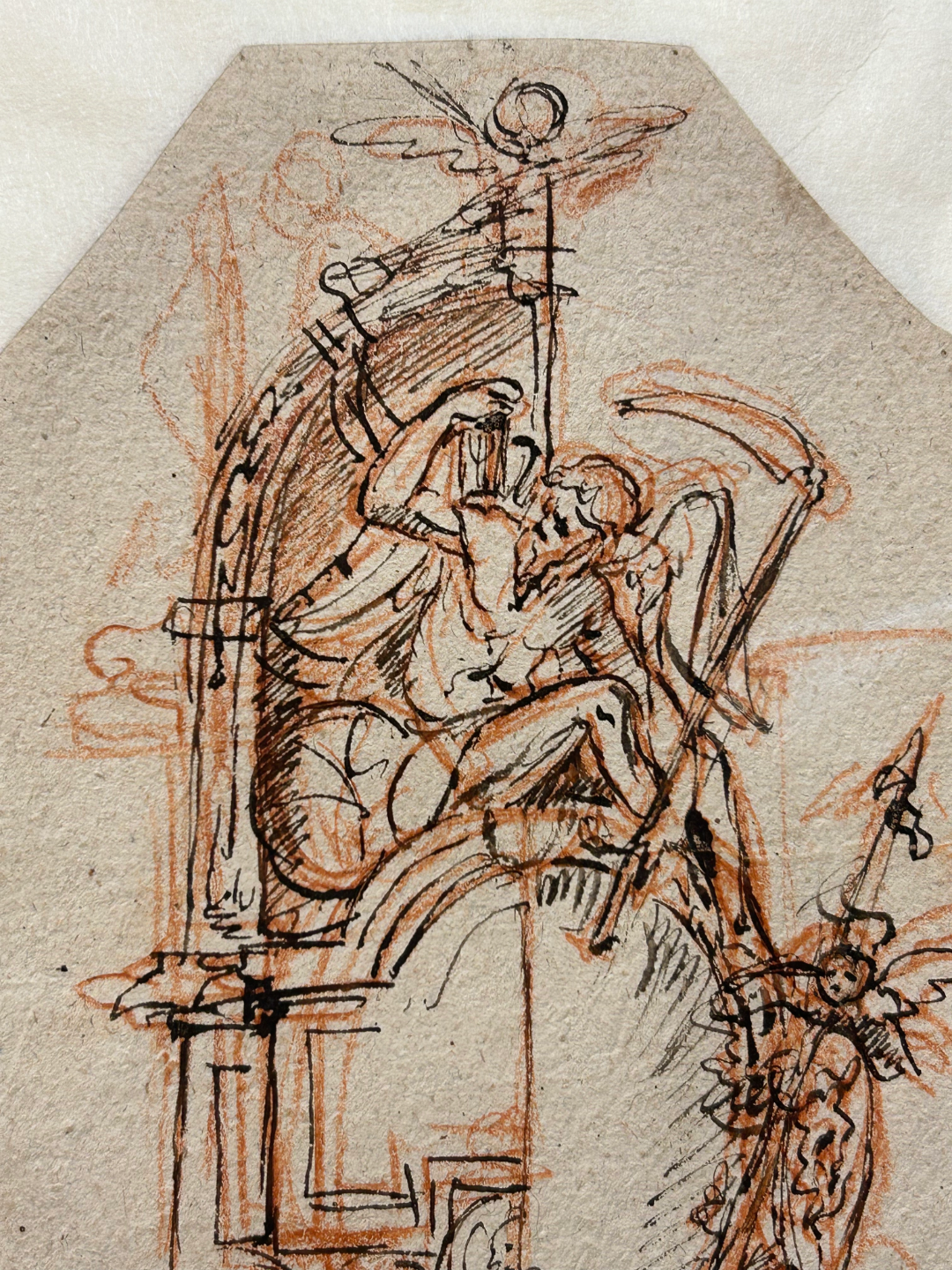 A classical pen and ink sketch with red chalk underdrawing on beige paper depicts Father Time seated within a Gothic architectural structure. The winged, bearded figure holds an hourglass up to examine it while clutching a large scythe in his other hand. His body is contorted as he perches on an ornate pedestal beneath an arched canopy, with fine cross-hatching providing shadow and depth to the intricate line work.