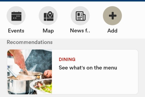 screenshot of the BrownU app with links to dining and perks